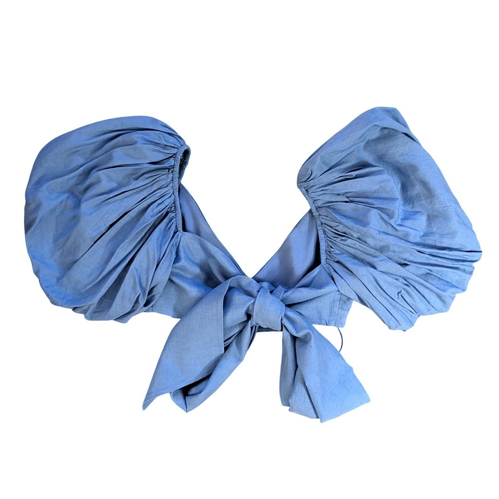 Sau Lee Lottie Top Cornflower Blue Linen Puff Sleeve Pleated Crop Top- Size 2 - Picture 3 of 7